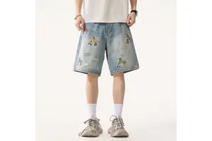 Men's Trendy Brand Summer Denim Shorts Large Size Loose Straight Tube Mid Waist Retro Washed Relaxed Comfort Style
