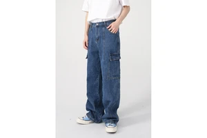 Men's Women's Streetwear Wide-leg Work Pants Retro Trendy Denim Trousers Button Decoration Breathable Slimming for Spring Season