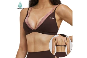 Women's V-Neck Color Block Sports Bra, Breathable Quick-Dry Double Strap Yoga Bra for Gym Workouts
