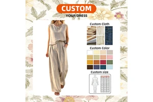 Women's Set Vintage Spring Summer ODM Casual Regular Fit Solid Linen Garment Dyed Eco-Friendly Tank Top Wide-Leg Pants