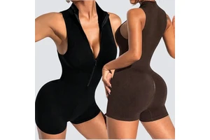Yimo Women Zip Scrunch Butt Thick Yoga Short Bodysuit Lady Sleeveless Gym Outdoor Overall Female Tight Sports Jumpsuit