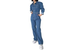 Elegant Loose Fit Belt Waist Button Closer Female Wash Denim Women Jumpsuit High Waist Bodysuit Shorts Breathable Jeans Pants