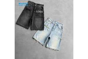 Men's High Street Rip Denim Shorts Breathable Embroidered Straight Pants Baggy Flared Denim Shorts Men Jean Shorts