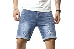 Men's Blue Denim Shorts 100% Cotton Rugged Mid Waist Relaxed Fit Distressed Style Denim Shorts in cheap price