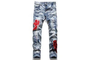 Casual Vintage Printed Men's Jeans Plus Size Loose Fit Mid Waist Softener Woven Light Stonewashed Hip Hop Button Streetwear for