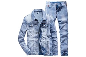Fashion Hot Selling Casual Men's Denim Suit Custom Fitness Two Piece Set Washed Bicycle Denim Jacket Jeans Eco-Friendly