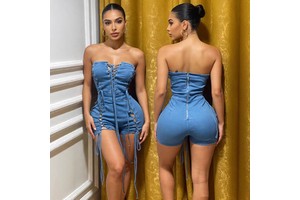 Summer Fashion Denim Bodycon Romper Sexy Backless Strapless Tie-Up Women Denim Shorts Jeans Jumpsuit
