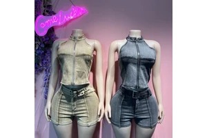 New Denim Shorts Set in Stock, Hot Selling Cross-border European and American Long Sleeved Elastic Shorts Belt Set