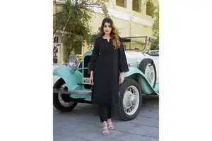 Plus size Women Indian Ethnic Solid Black lace Cotton Shirt Kurta with Trouser Suit Women traditional Dress XS to 6XL girls