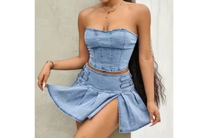 Hot Sale High Quality Women's Denim Suit Sexy Neckline Strapless Crop Top Pleated Mini Skirt Acid Wash Faded Denim Women's Suit