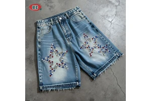 Men's Baggy Denim Shorts Custom Rhinestone Fashion High Street Style Washed Denim Distressed Vintage Jeans Shorts for Men