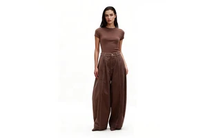 Vintage Brown Barrel Leg Breathable Solid Women High Waist Horseshoe Denim Jeans Casual Loose Curved Leg Balloon Trousers Washed