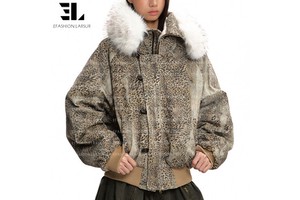 LARSUR Custom Denim Factory Leopard Washed Cotton Twill Bomber Jacket With Fur Collar Biker Racing Motorcycle Jean Jacket Women