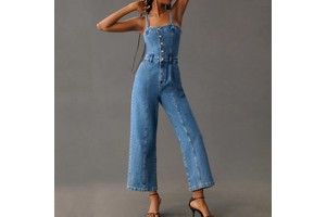 Bufa New Arrival Women Overalls Denim Slim Waist Wide Leg Sleeveless Stretch Baggy Jeans Jumpsuit for Women Cropped