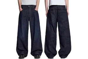 Custom Heavyweight Indigo Blue Baggy Denim Jeans for Men Vintage Loose Straight Long Jean Trousers