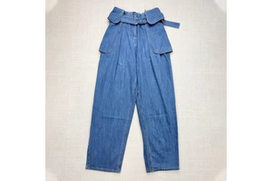 Designer Custom Women High Waist Balloon Jeans with Belt Vintage Blue Denim Pleated Straight Casual Summer Trousers