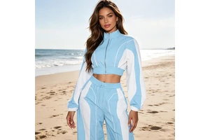 Custom Color Block Polyester Nylon Zip Up Cropped Running Windbreaker Tracksuit Set For Women