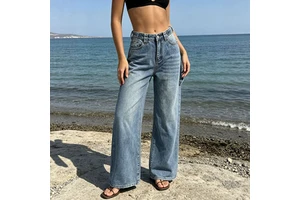 New Vintage Regular Fit Summer Mid-rise Womens Wide-leg Denim Jeans In Nylon/Cotton With Water-washed Finish Europe America
