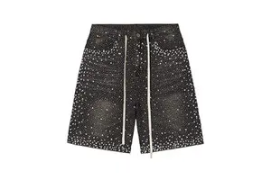 OEM Streetwear Custom Vintage Wash Men's Denim Shorts Streetwear Jeans Shorts with Rhinestones Jorts