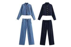 Wholesale Casual Two Pieces Denim Set Retro Lapel Long Sleeve Women's Denim Pants and Blouse Sets Girls Denim Suit