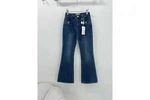 Women's High-Waisted Bell-Bottom Jeans, Deep Blue Denim Wide-Leg Elastic Retro Stone Washed Street Style Pants for Summer