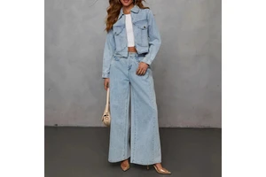 Fashion Denim Jacket Wide Leg Jeans Pant Sets Spring Clothing Women Jean Jacket Denim Trousers Cowboy 2 Piece Sets Women Outfit