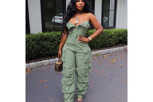 Fashion Sexy Plus Size Streetwear Strapless Sleeveless Pocket Cargo Foam Lining Denim Jeans Jumpsuit One Piece Romper Women