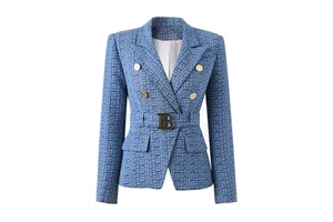 AIMEISI New High Stylish Shoulder Pad Elegant with Belt Jean Jacquard Jacket Denim Women's Jackets