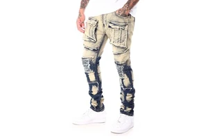 Custom Men's Designers LOGO Jeans Pockets Blue Wash Stretch Straight Fit Distressed Holes Denim Jeans Men Long Pants