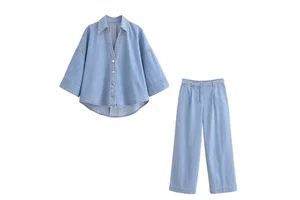 Set Women's 2025 new two-piece fashion casual Joker denim fabric wide sleeve design loose shirt+casual denim wide-leg pants suit