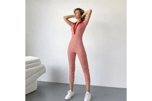 Striped Slim-Fit Capri Pants African-Style Turn-Down Collar Short Sleeves Summer European/American Chic Jumpsuit Women Polyester