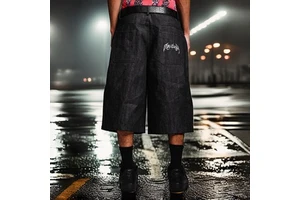 OEM ODM Custom Men's Black Raw Denim Shorts Wide Leg Back Pocket Embroidery Baggy Jorts Streetwear Manufacturer
