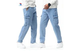 Men's Vintage Hip Hop Cargo Denim Jeans Oversize Slim Fit Button Waist Outdoor Front Back Pocket Stonewashed Breathable