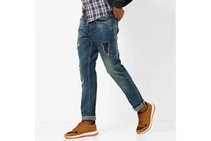 Men's Straight Fit Stonewashed Distressed Denim Jeans Mid Waist Cotton Casual Trousers With Ripped Details