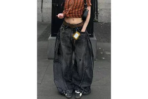 American Retro Plus Size Washed Distressed Women's Streetwear Curved Leg Wide Leg Loose Slimming Drapey Long Denim Jeans Trendy