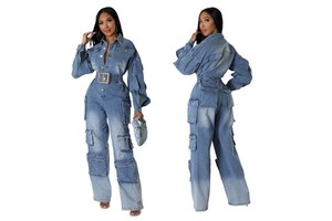 Women's Casual Loose Denim Overalls Adjustable Strap Wide Leg Bib Overalls Jumpsuit With Pockets