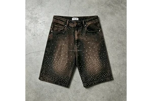 Custom Wholesale 100% Cotton Mid Waist Vintage Rhinestone Jorts Men Streetwear Denim Jeans Shorts Eco-Friendly