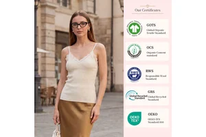 Women 100% Pure Wool Knit Cami Top Lace Trim V Neck Spaghetti Strap Sleeveless Camisole Soft Skin Friendly Basic Inner Tank Top