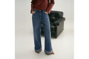 Customized Mid-Rise Wide Leg Women's Jeans Breathable Denim Loose Fit Casual Style with Turn-Up Hem Deco Rivet Logo on Waist