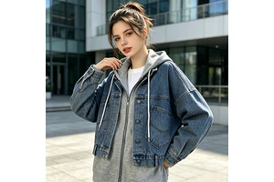 Korean Street Style Two-Piece-Style Denim Jacket Women's Hooded Sweatshirt Patchwork Denim Jacket