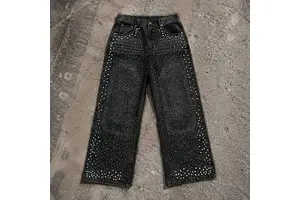 Custom Men's Vintage Rhinestone Denim Jeans | Y2K Heavyweight Diamonds Pearl Streetwear Pants | Loose Fit Hip Hop Baggy Trousers