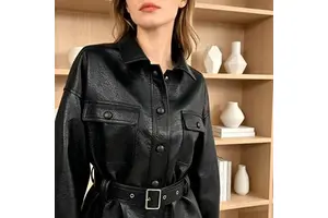 Elegant Black Women's Belted Leather Jacket Notched Lapel Button-Front Leather Jacket Stylish Waist-Defining Leather Jacket