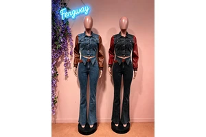 Retro Quality Denim Women 2 Piece Set Outfit Trendy Leather Denim Patchwork Crop Jacket and High Waist Jeans Suits