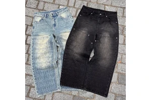 High Quality Men's Light Wash Fade Black Low Rise Wide Leg Plus Size Custom Stacked Print Embossed Baggy Denim Jeans for Men