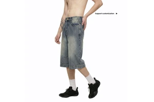 Men's Vintage Mid Waist Wide-Leg Straight Leg Summer Denim Shorts Distressed Casual Cropped Pants