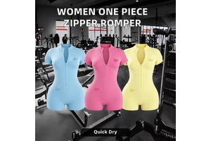 Women's One-Piece Zipper Romper Custom Logo Gym Workout Bodysuit Knitted Jumpsuit Skinny Solid Basics Playsuit for Sports