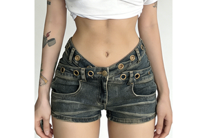 Women's Asymmetrical Waist Vintage Y2K Punk Wash Denim Shorts, Multi-Rivet Detail Low Rise Hot Pants