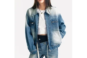 LARSUR Custom Factory Distress Dye Wash Denim Jacket Zipper Cargo Casual Jeans Jacket and Coat for Women