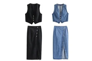 Casual Vintage Solid Denim Women Suit Single Breasted Sleeveless Vest Long Straight Split Skirt Fashion 2024 Summer Sets