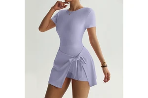 New Women Stitched Yoga Jumpsuits Gym Fitness Short Sleeve Dress BodySuits Workout Clothes Sportswear Shapewear Tennis Skirt